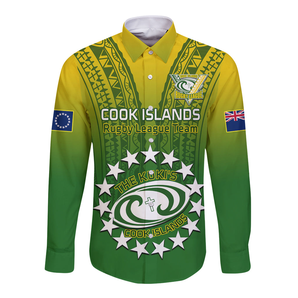 Custom Cook Islands Rugby Long Sleeve Button Shirt Pacific 2023 Go The Kukis LT14 Unisex Green - Polynesian Pride