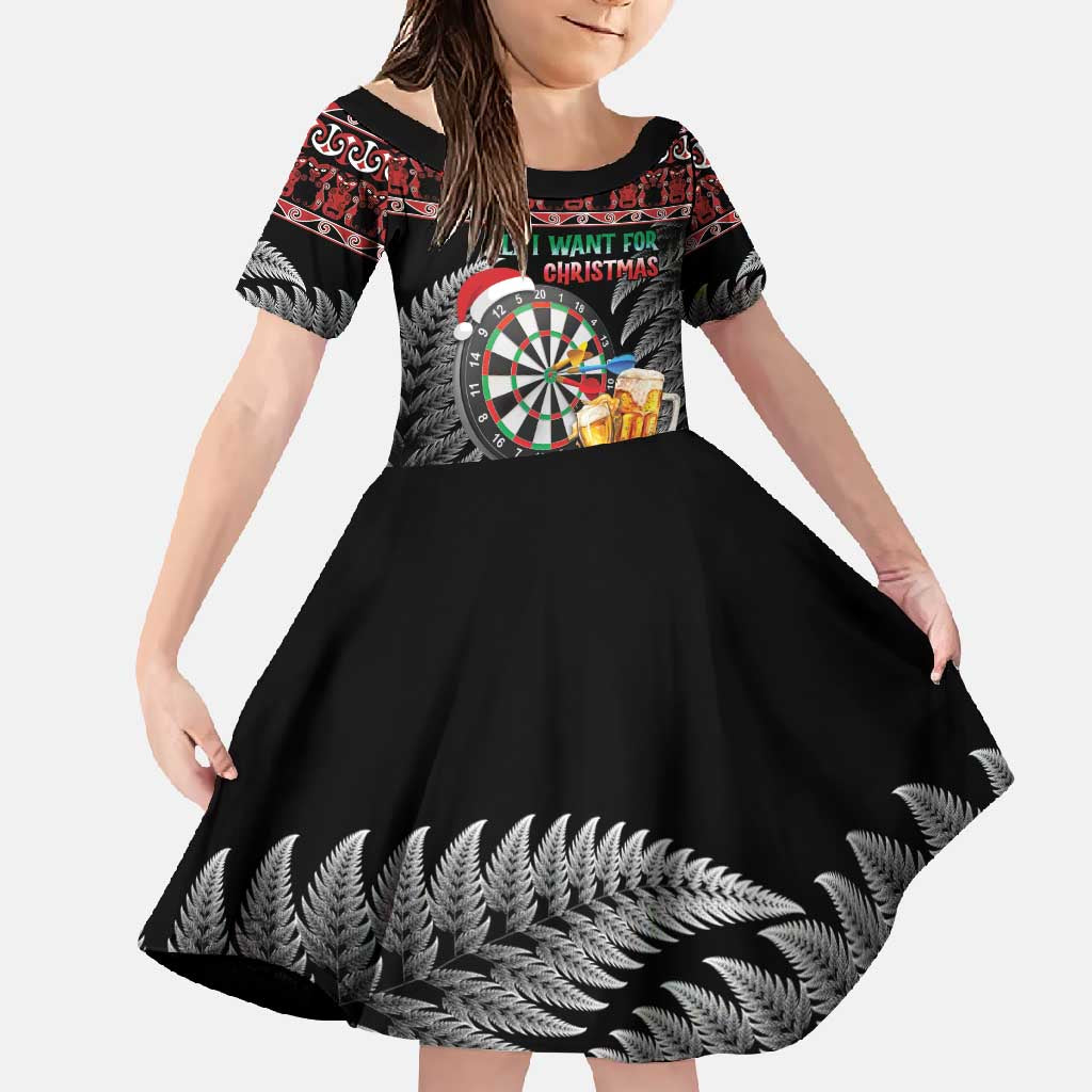 All I Want For Christmas Is Darts New Zealand Family Matching Long Sleeve Bodycon Dress and Hawaiian Shirt LT14 Daughter's Dress Black - Polynesian Pride