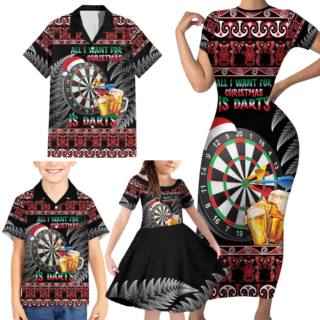 All I Want For Christmas Is Darts New Zealand Family Matching Short Sleeve Bodycon Dress and Hawaiian Shirt LT14 - Polynesian Pride