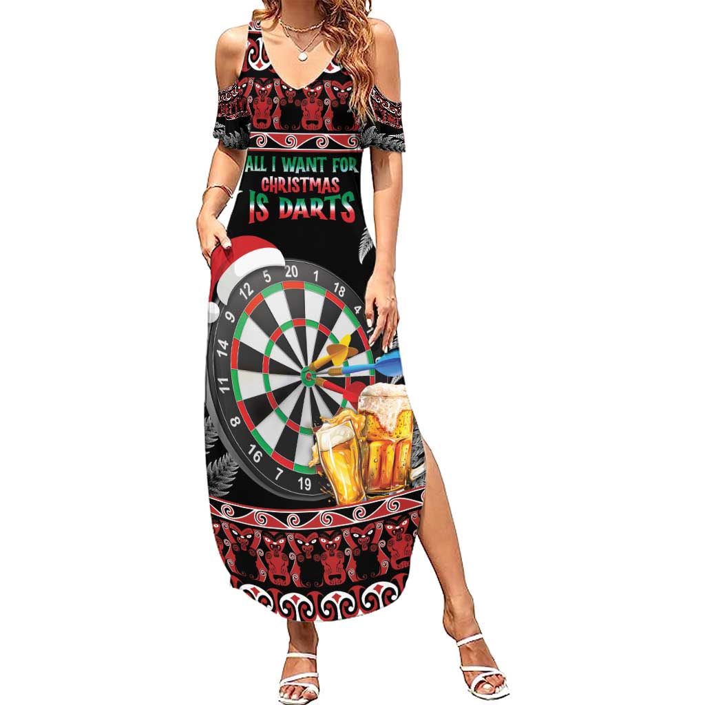 All I Want For Christmas Is Darts New Zealand Family Matching Summer Maxi Dress and Hawaiian Shirt LT14 Mom's Dress Black - Polynesian Pride
