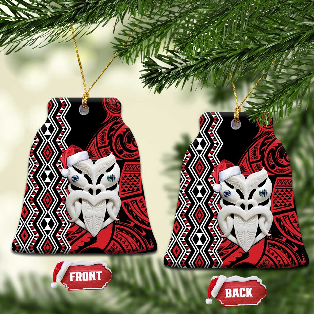 Personalised New Zealand Christmas Ceramic Ornament Meri Kirihimete Maori Wheku - Taniko Art LT14 Bell Flake Black - Polynesian Pride