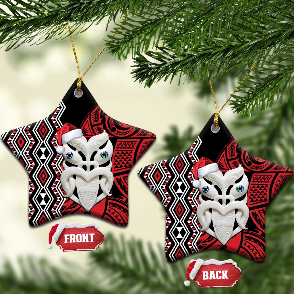 Personalised New Zealand Christmas Ceramic Ornament Meri Kirihimete Maori Wheku - Taniko Art LT14 Star Black - Polynesian Pride