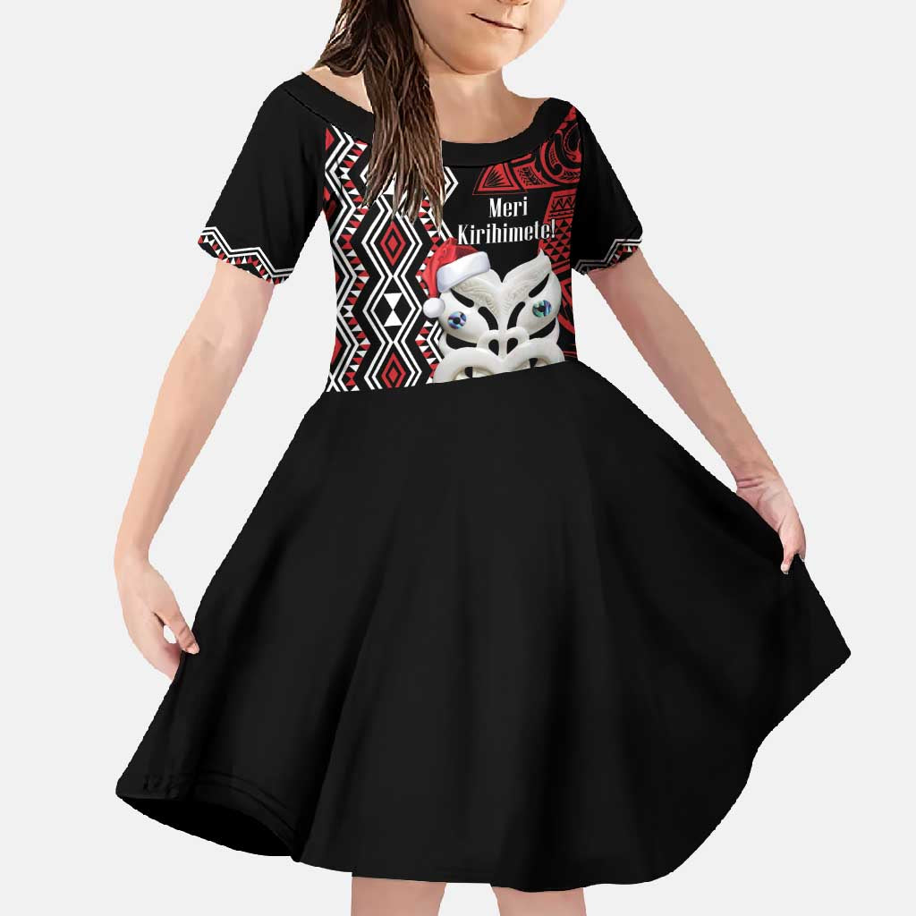 Personalised New Zealand Christmas Family Matching Off Shoulder Maxi Dress and Hawaiian Shirt Meri Kirihimete Maori Wheku - Taniko Art LT14 Daughter's Dress Black - Polynesian Pride