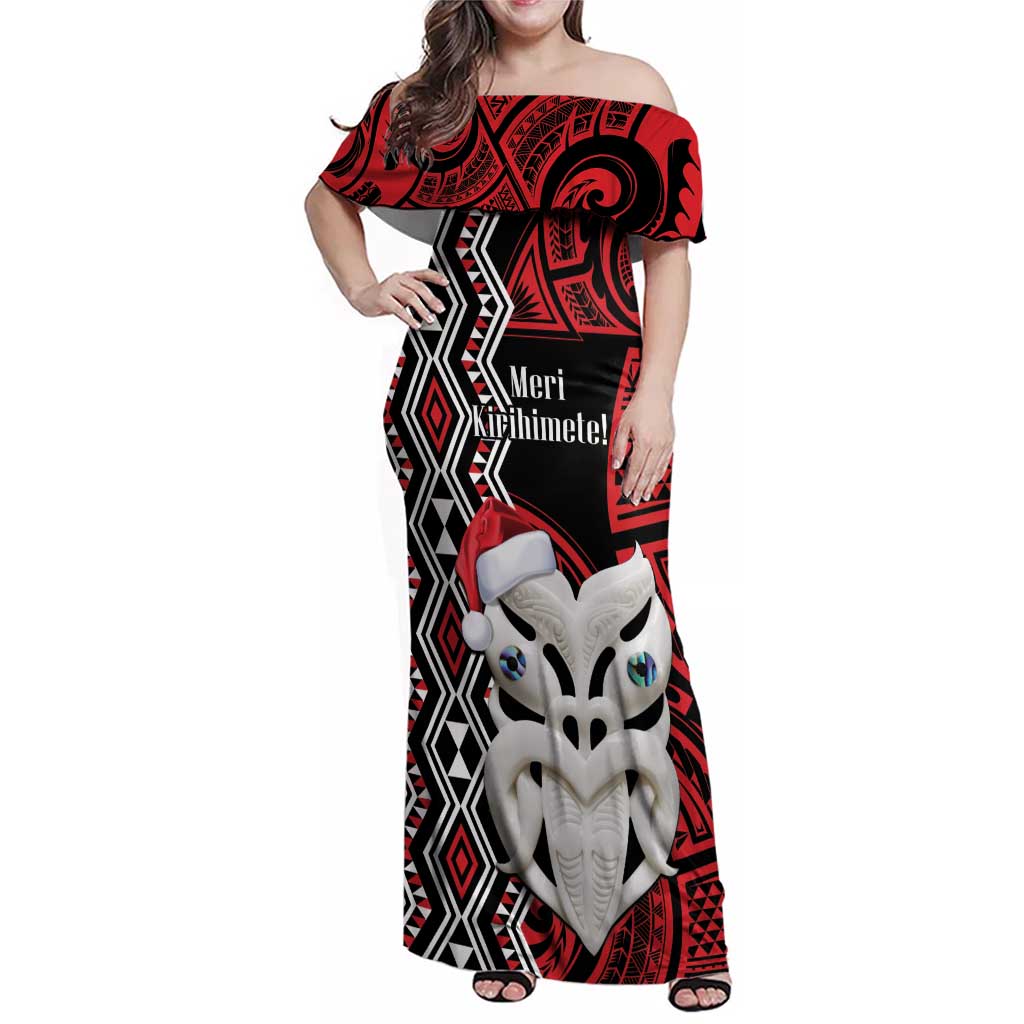 Personalised New Zealand Christmas Family Matching Off Shoulder Maxi Dress and Hawaiian Shirt Meri Kirihimete Maori Wheku - Taniko Art LT14 Mom's Dress Black - Polynesian Pride