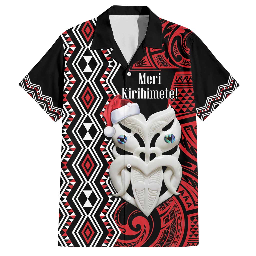 Personalised New Zealand Christmas Family Matching Off Shoulder Short Dress and Hawaiian Shirt Meri Kirihimete Maori Wheku - Taniko Art LT14 Dad's Shirt - Short Sleeve Black - Polynesian Pride