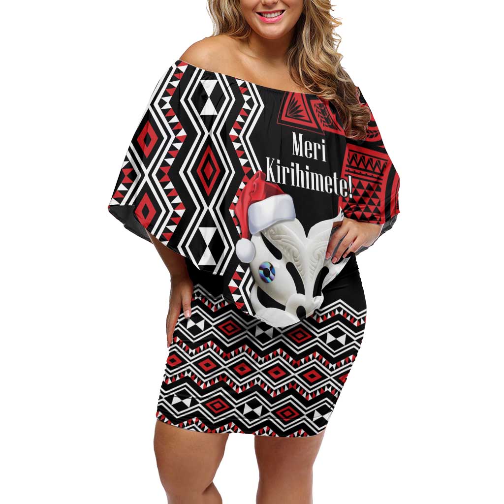 Personalised New Zealand Christmas Family Matching Off Shoulder Short Dress and Hawaiian Shirt Meri Kirihimete Maori Wheku - Taniko Art LT14 Mom's Dress Black - Polynesian Pride