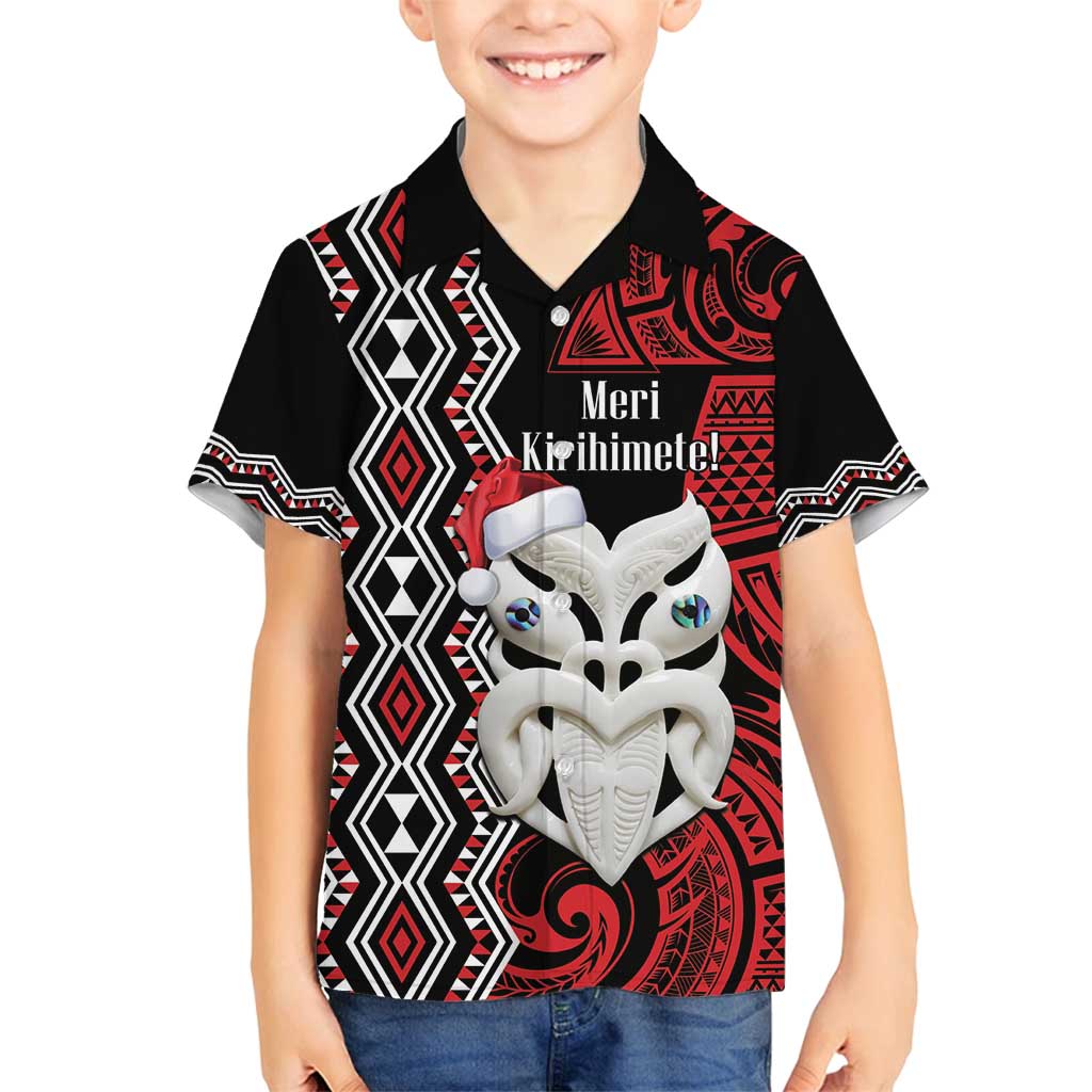 Personalised New Zealand Christmas Family Matching Off Shoulder Short Dress and Hawaiian Shirt Meri Kirihimete Maori Wheku - Taniko Art LT14 Son's Shirt Black - Polynesian Pride