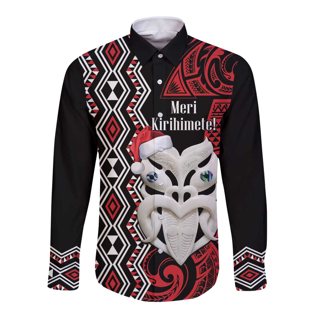 Personalised New Zealand Christmas Long Sleeve Button Shirt Meri Kirihimete Maori Wheku - Taniko Art LT14 Unisex Black - Polynesian Pride