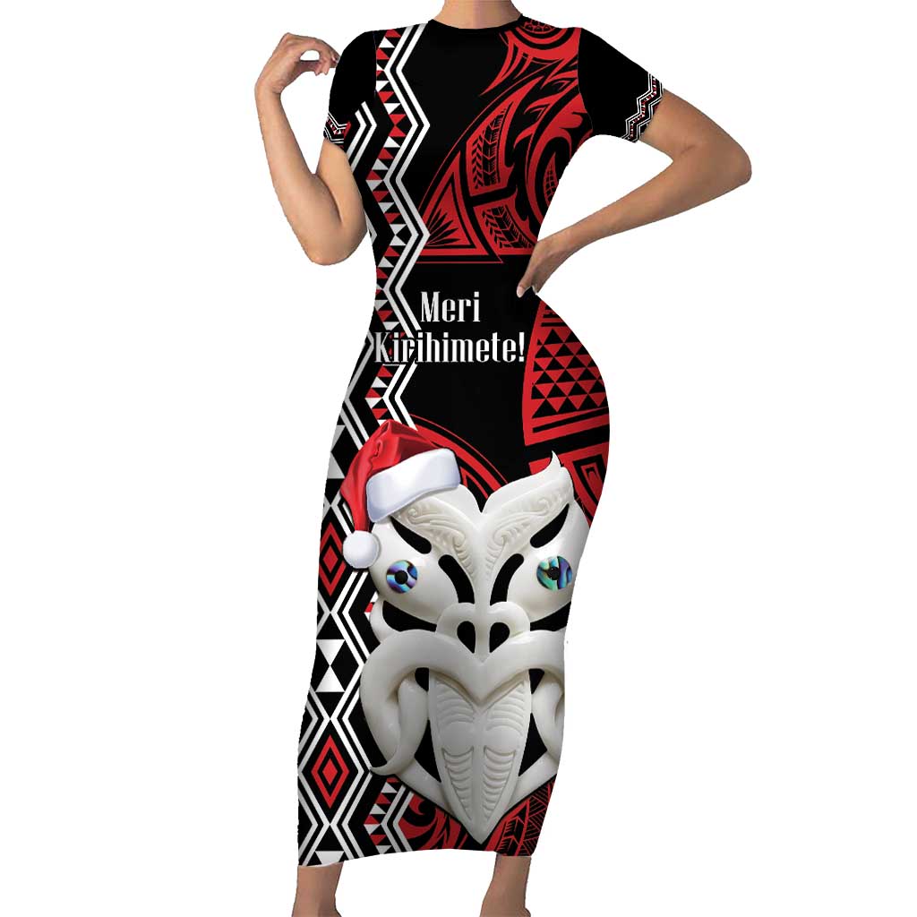 Personalised New Zealand Christmas Short Sleeve Bodycon Dress Meri Kirihimete Maori Wheku - Taniko Art