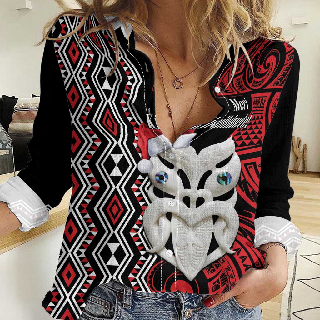 Personalised New Zealand Christmas Women Casual Shirt Meri Kirihimete Maori Wheku - Taniko Art LT14 Female Black - Polynesian Pride