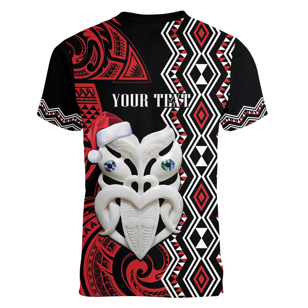 Personalised New Zealand Christmas Women V-Neck T-Shirt Meri Kirihimete Maori Wheku - Taniko Art