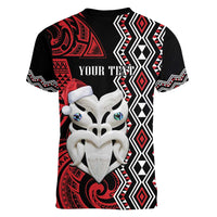 Personalised New Zealand Christmas Women V-Neck T-Shirt Meri Kirihimete Maori Wheku - Taniko Art