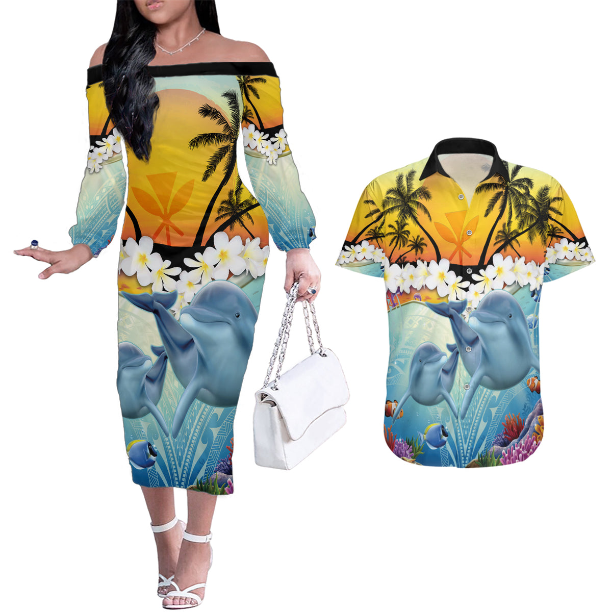 Aloha Hawaii Dolphins Couples Matching Off The Shoulder Long Sleeve Dress and Hawaiian Shirt Heart Of The Ocean Tropical Summer Vibes LT14 Blue - Polynesian Pride
