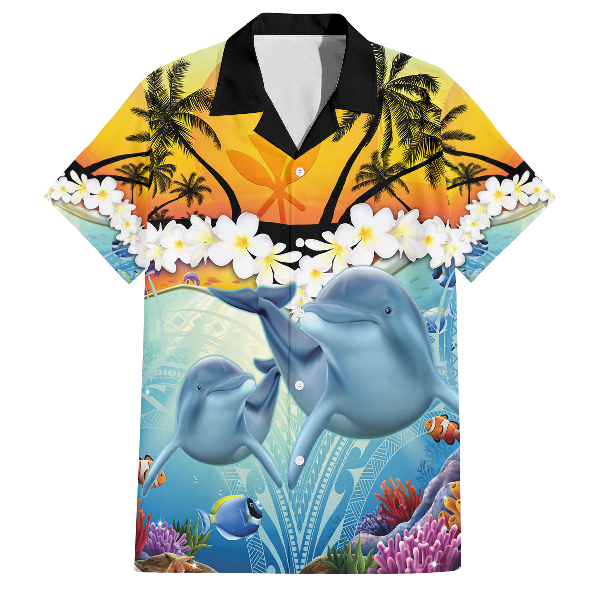 Aloha Hawaii Dolphins Family Matching Off Shoulder Maxi Dress and Hawaiian Shirt Heart Of The Ocean Tropical Summer Vibes LT14 Dad's Shirt - Short Sleeve Blue - Polynesian Pride