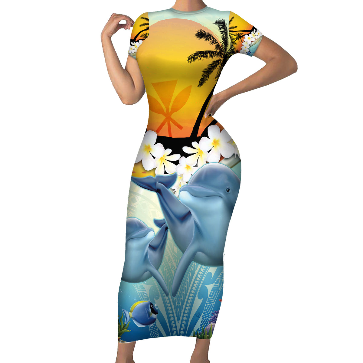 Aloha Hawaii Dolphins Family Matching Short Sleeve Bodycon Dress and Hawaiian Shirt Heart Of The Ocean Tropical Summer Vibes LT14 Mom's Dress Blue - Polynesian Pride