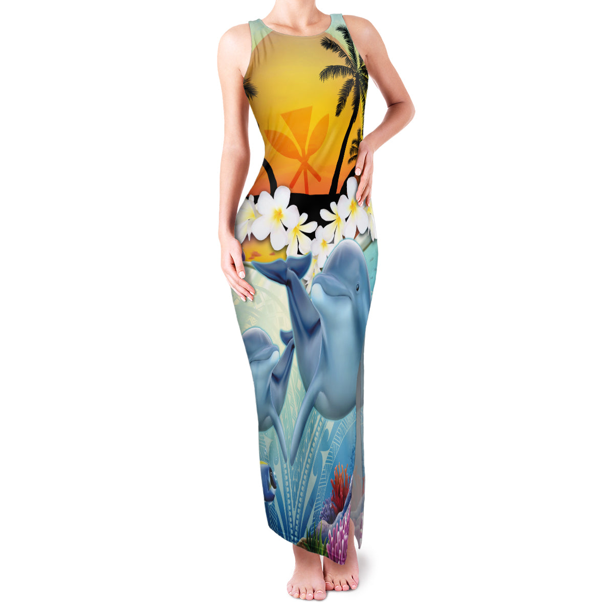 Aloha Hawaii Dolphins Family Matching Tank Maxi Dress and Hawaiian Shirt Heart Of The Ocean Tropical Summer Vibes LT14 Mom's Dress Blue - Polynesian Pride