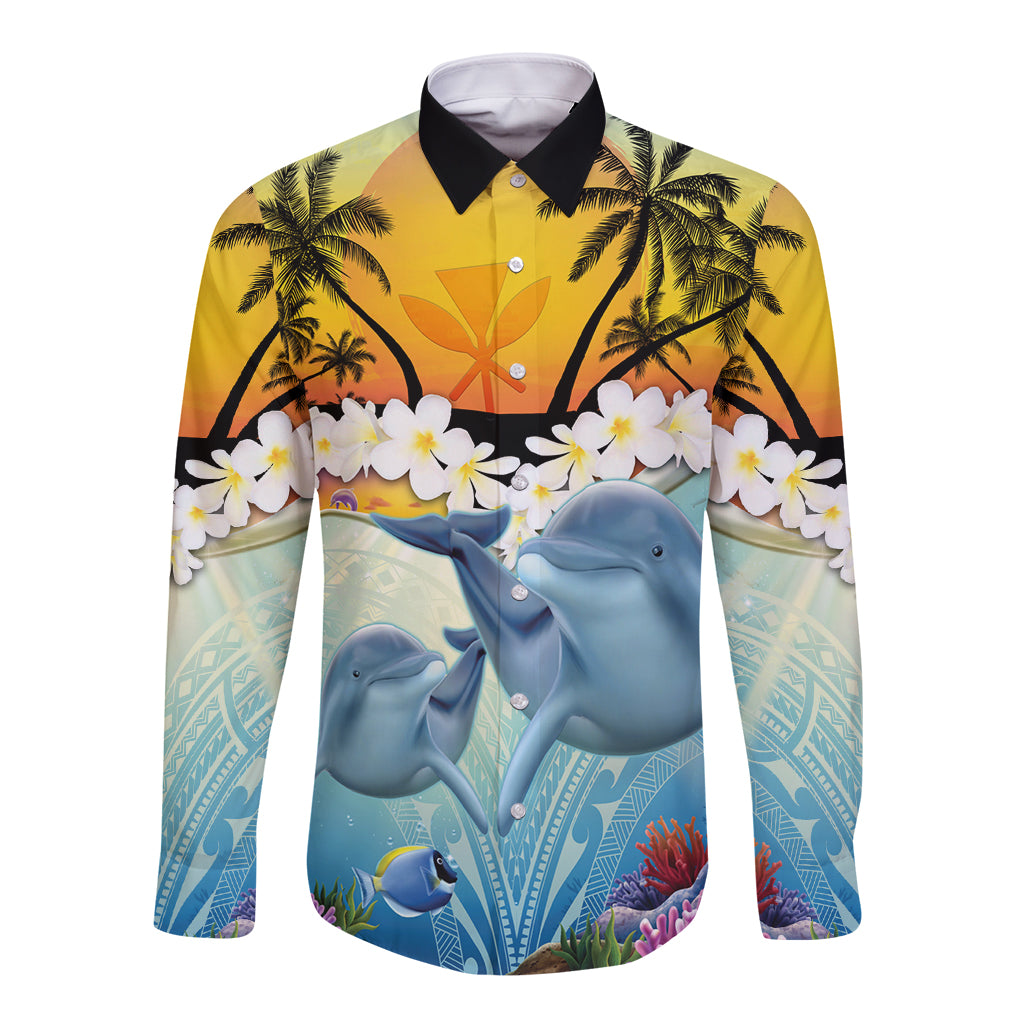 Aloha Hawaii Dolphins Long Sleeve Button Shirt Heart Of The Ocean Tropical Summer Vibes LT14 Unisex Blue - Polynesian Pride