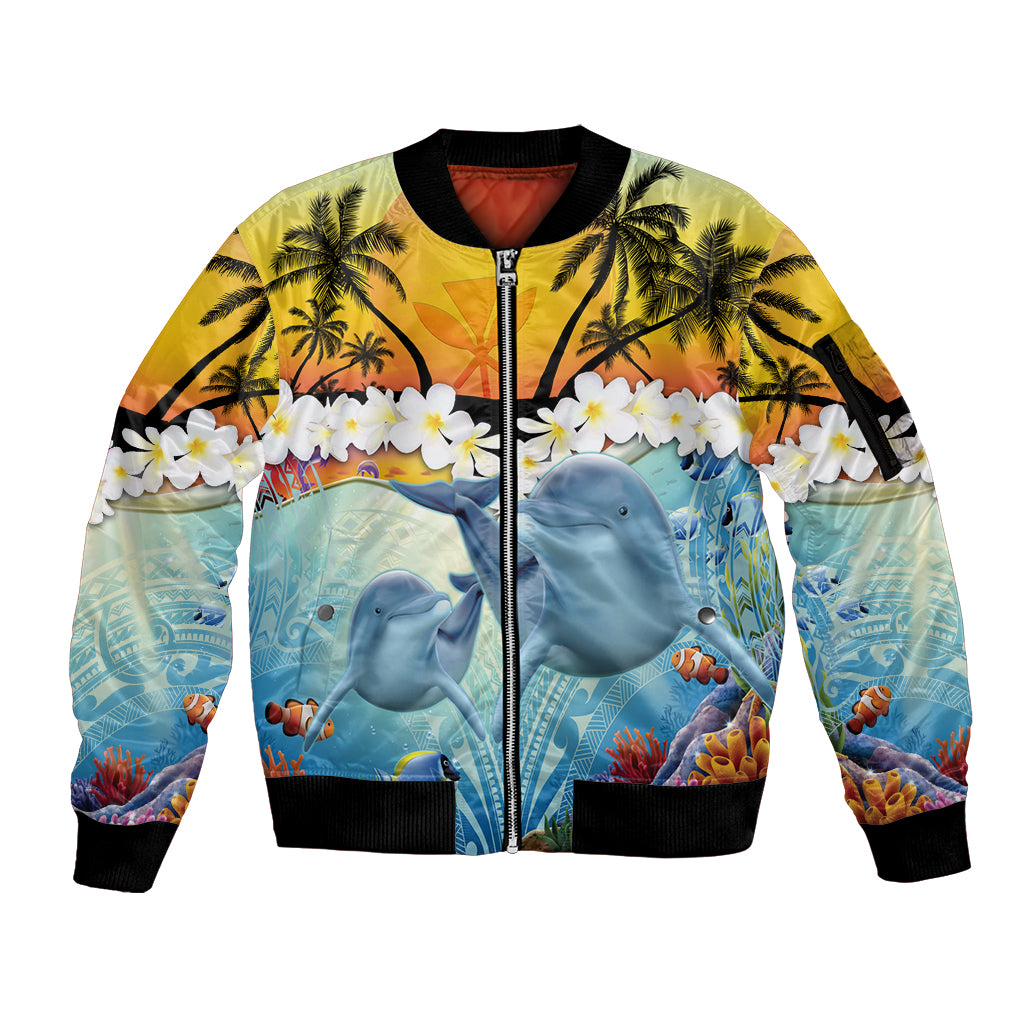 Aloha Hawaii Dolphins Sleeve Zip Bomber Jacket Heart Of The Ocean Tropical Summer Vibes LT14 Unisex Blue - Polynesian Pride