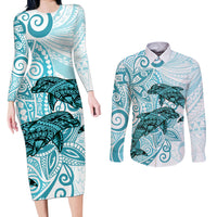 Polynesia Dolphins Couples Matching Long Sleeve Bodycon Dress and Long Sleeve Button Shirt Valentine Day Floral Polynesian - Vintage Dark Cyan LT14 Dark Cyan - Polynesian Pride