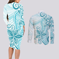 Polynesia Dolphins Couples Matching Long Sleeve Bodycon Dress and Long Sleeve Button Shirt Valentine Day Floral Polynesian - Vintage Dark Cyan LT14 - Polynesian Pride