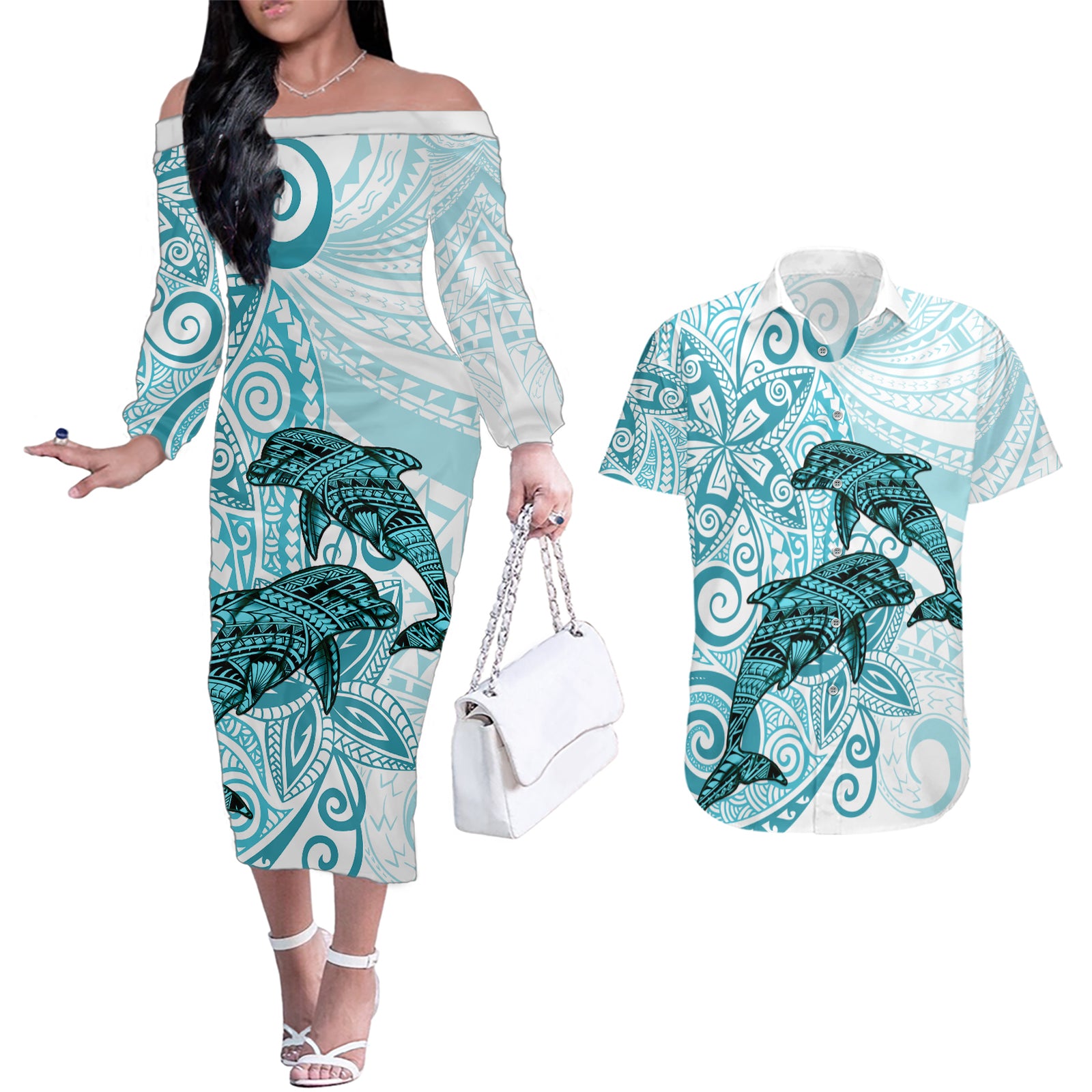 Polynesia Dolphins Couples Matching Off The Shoulder Long Sleeve Dress and Hawaiian Shirt Valentine Day Floral Polynesian - Vintage Dark Cyan LT14 Dark Cyan - Polynesian Pride