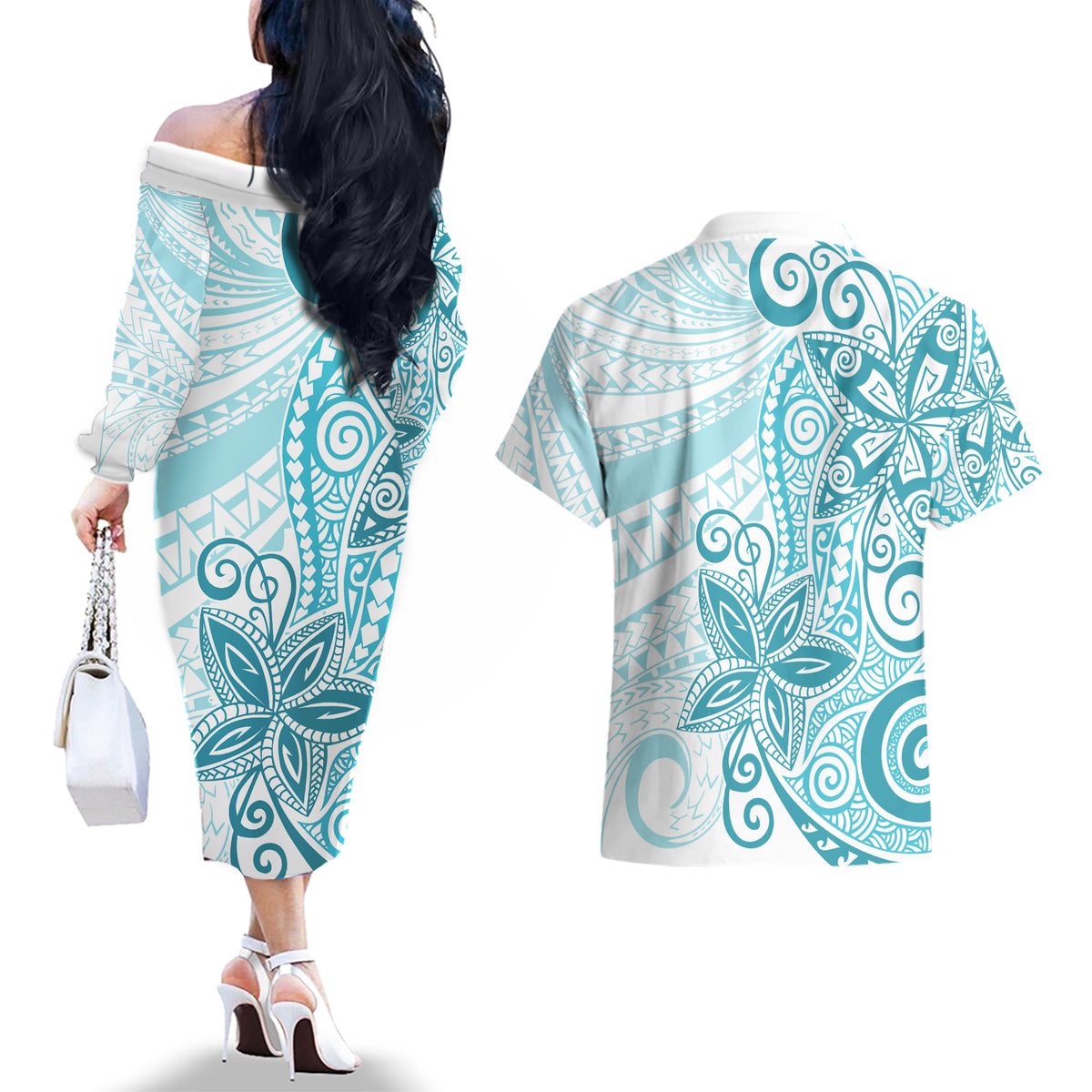 Polynesia Dolphins Couples Matching Off The Shoulder Long Sleeve Dress and Hawaiian Shirt Valentine Day Floral Polynesian - Vintage Dark Cyan LT14 - Polynesian Pride