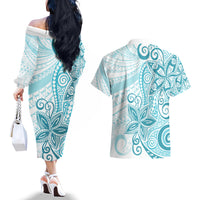 Polynesia Dolphins Couples Matching Off The Shoulder Long Sleeve Dress and Hawaiian Shirt Valentine Day Floral Polynesian - Vintage Dark Cyan LT14 - Polynesian Pride