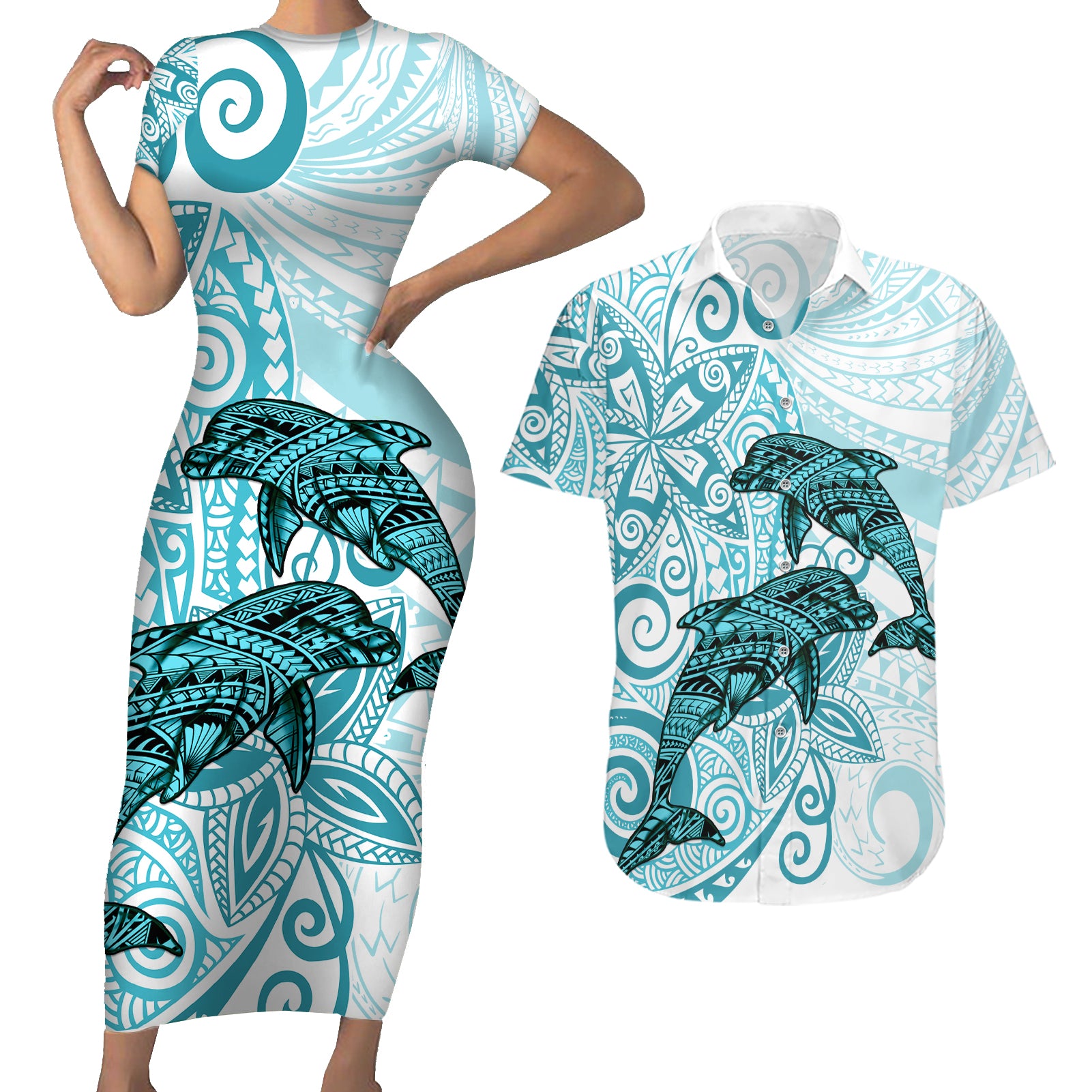 Polynesia Dolphins Couples Matching Short Sleeve Bodycon Dress and Hawaiian Shirt Valentine Day Floral Polynesian - Vintage Dark Cyan LT14 Dark Cyan - Polynesian Pride