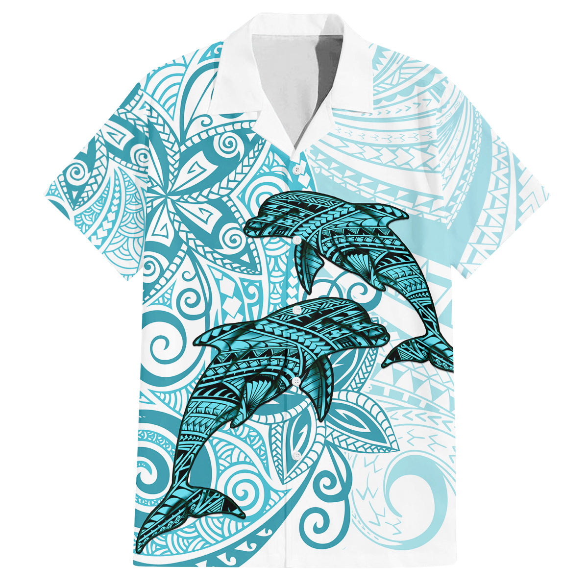 Polynesia Dolphins Family Matching Off Shoulder Short Dress and Hawaiian Shirt Valentine Day Floral Polynesian - Vintage Dark Cyan LT14 Dad's Shirt - Short Sleeve Dark Cyan - Polynesian Pride