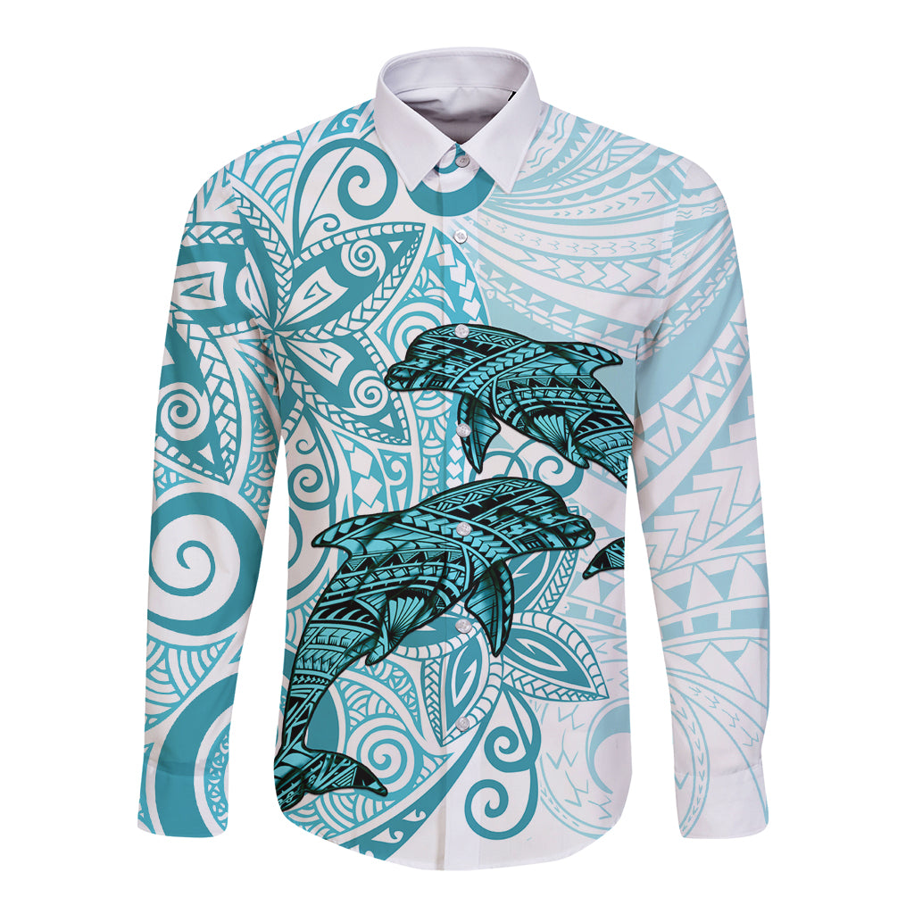 Polynesia Dolphins Long Sleeve Button Shirt Valentine Day Floral Polynesian - Vintage Dark Cyan LT14 Unisex Dark Cyan - Polynesian Pride