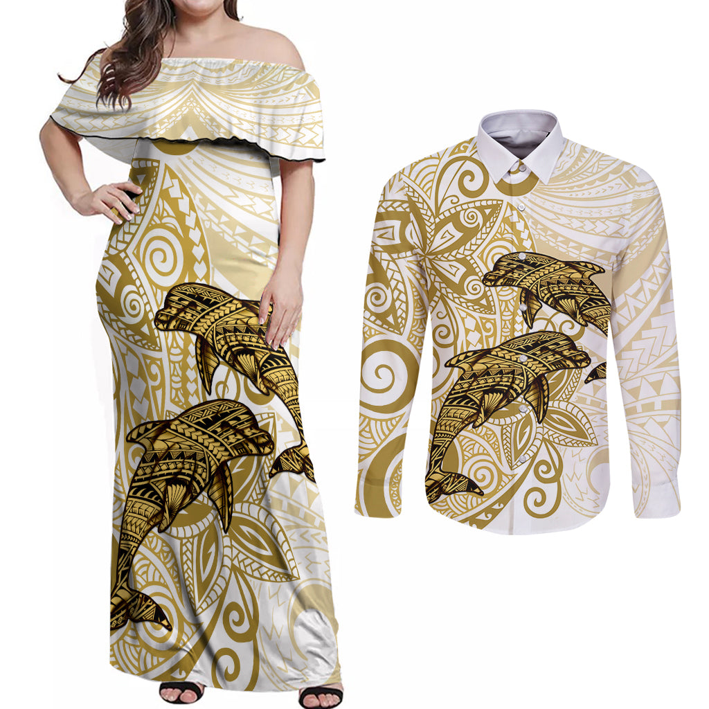 Polynesia Dolphins Couples Matching Off Shoulder Maxi Dress and Long Sleeve Button Shirt Valentine Day Floral Polynesian - Vintage Brown LT14 Brown - Polynesian Pride