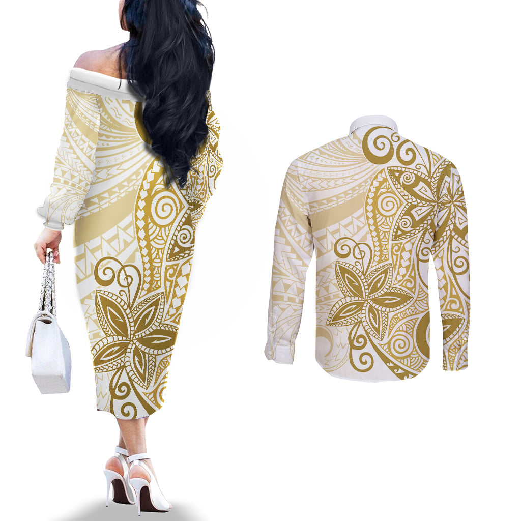 Polynesia Dolphins Couples Matching Off The Shoulder Long Sleeve Dress and Long Sleeve Button Shirt Valentine Day Floral Polynesian - Vintage Brown LT14 - Polynesian Pride