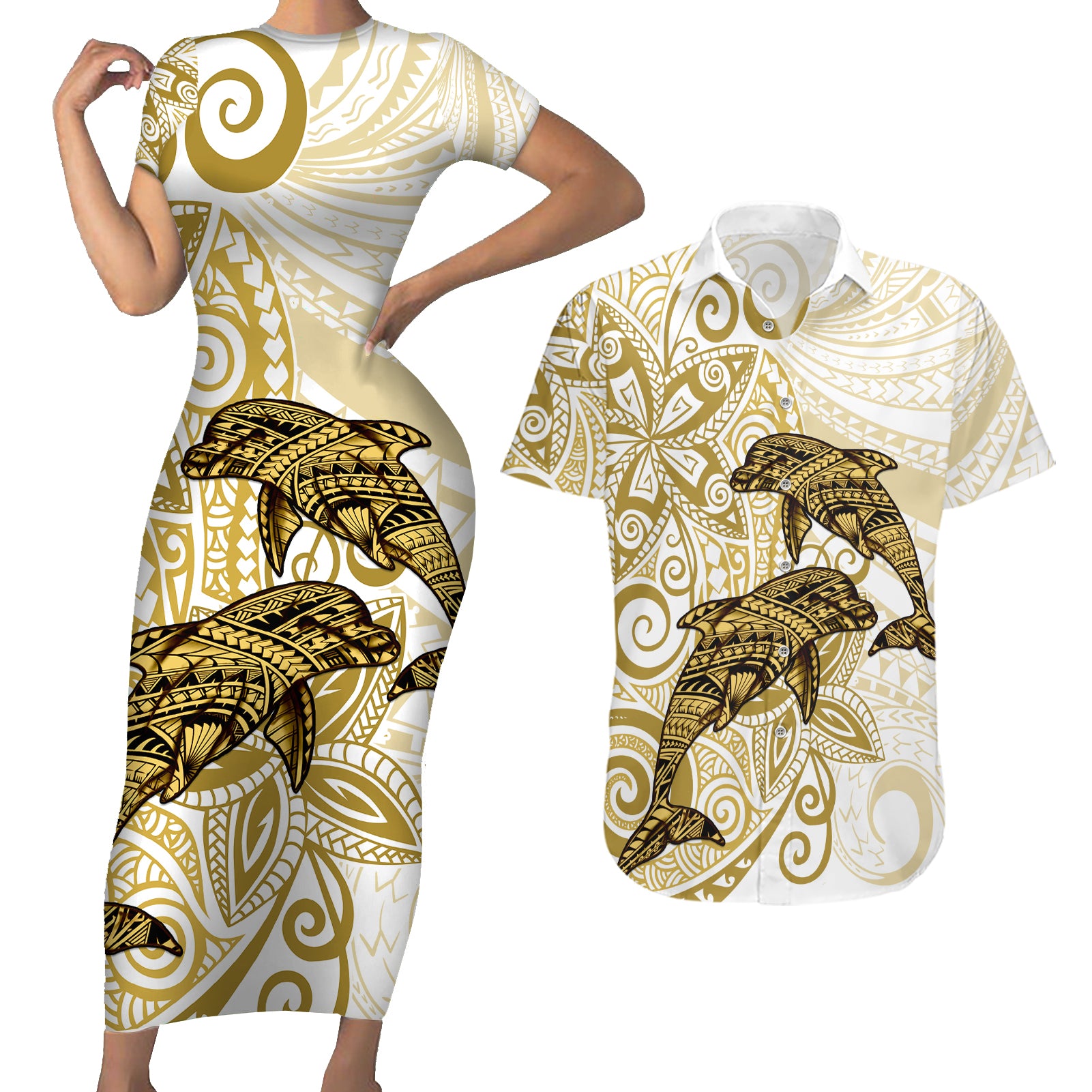 Polynesia Dolphins Couples Matching Short Sleeve Bodycon Dress and Hawaiian Shirt Valentine Day Floral Polynesian - Vintage Brown LT14 Brown - Polynesian Pride