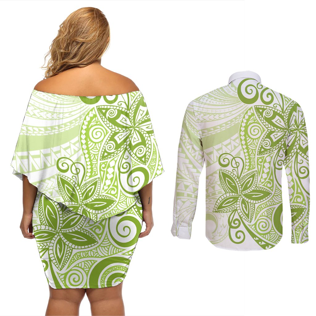 Polynesia Dolphins Couples Matching Off Shoulder Short Dress and Long Sleeve Button Shirt Valentine Day Floral Polynesian - Vintage Lime Green LT14 - Polynesian Pride