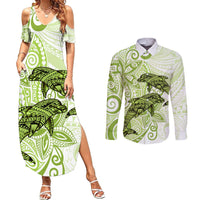 Polynesia Dolphins Couples Matching Summer Maxi Dress and Long Sleeve Button Shirt Valentine Day Floral Polynesian - Vintage Lime Green LT14 Lime Green - Polynesian Pride