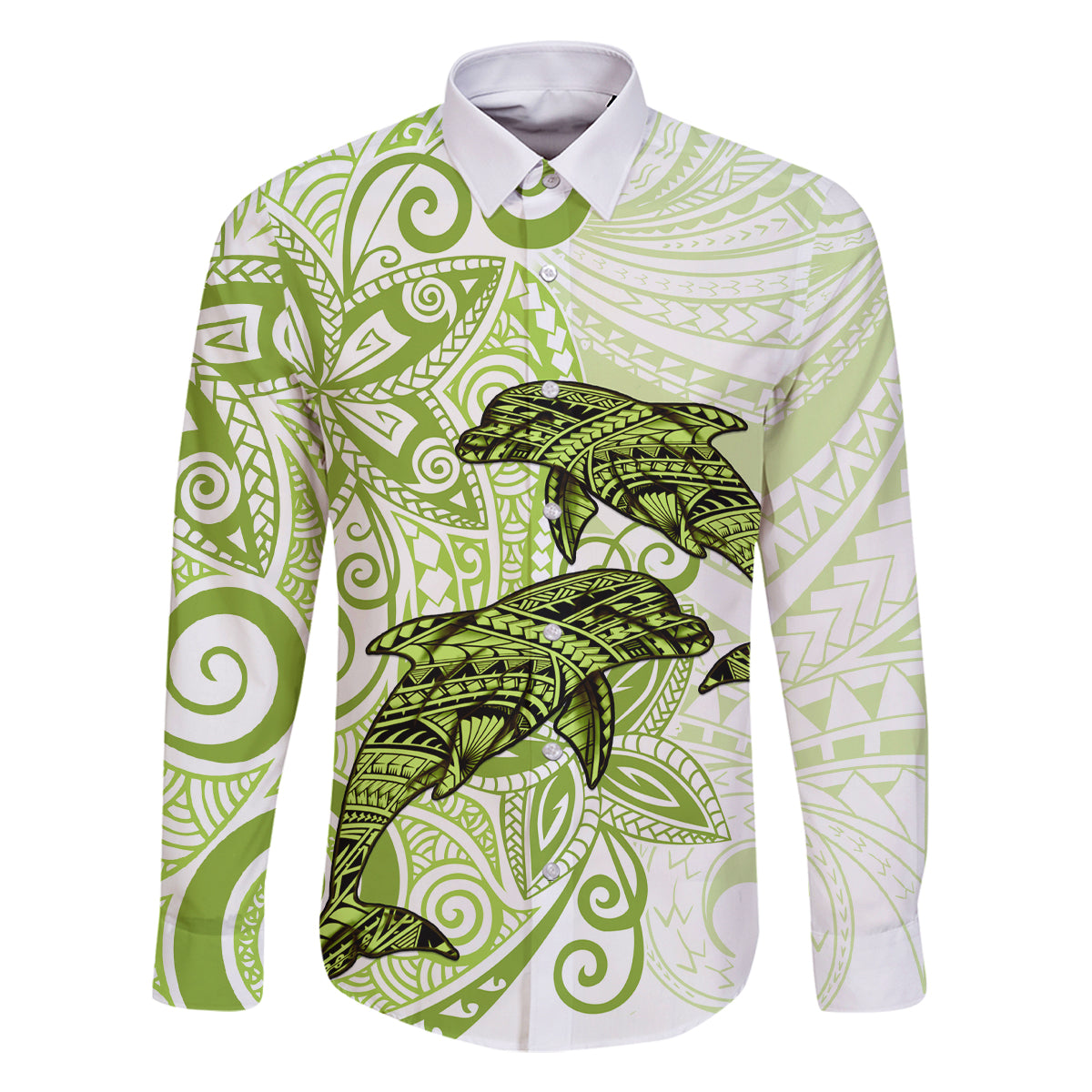 Polynesia Dolphins Family Matching Long Sleeve Bodycon Dress and Hawaiian Shirt Valentine Day Floral Polynesian - Vintage Lime Green LT14 Dad's Shirt - Long Sleeve Lime Green - Polynesian Pride
