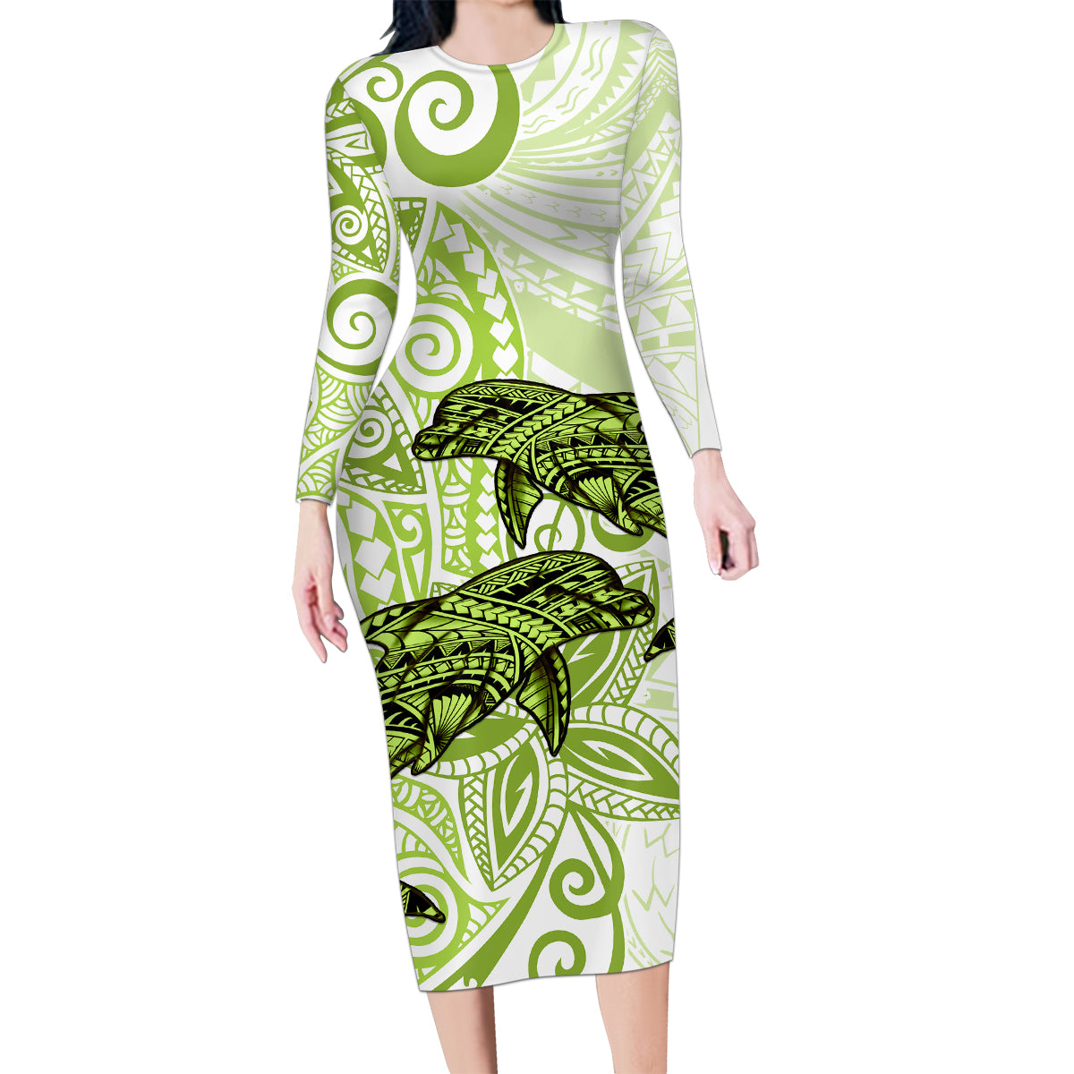 Polynesia Dolphins Family Matching Long Sleeve Bodycon Dress and Hawaiian Shirt Valentine Day Floral Polynesian - Vintage Lime Green LT14 Mom's Dress Lime Green - Polynesian Pride