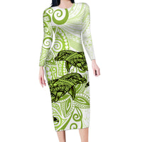 Polynesia Dolphins Family Matching Long Sleeve Bodycon Dress and Hawaiian Shirt Valentine Day Floral Polynesian - Vintage Lime Green LT14 Mom's Dress Lime Green - Polynesian Pride