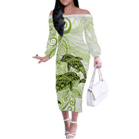 Polynesia Dolphins Family Matching Off Shoulder Long Sleeve Dress and Hawaiian Shirt Valentine Day Floral Polynesian - Vintage Lime Green LT14 Mom's Dress Lime Green - Polynesian Pride