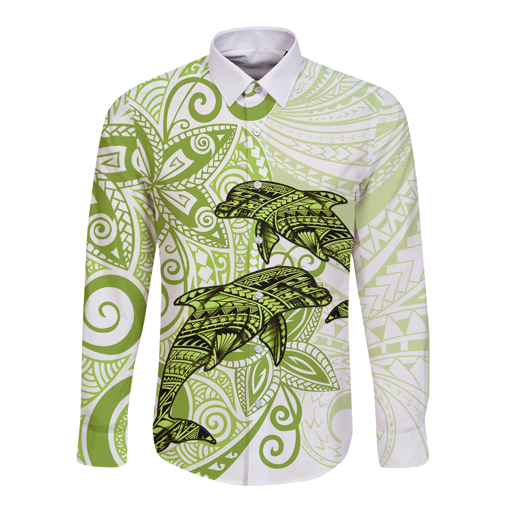 Polynesia Dolphins Long Sleeve Button Shirt Valentine Day Floral Polynesian - Vintage Lime Green LT14 Unisex Lime Green - Polynesian Pride