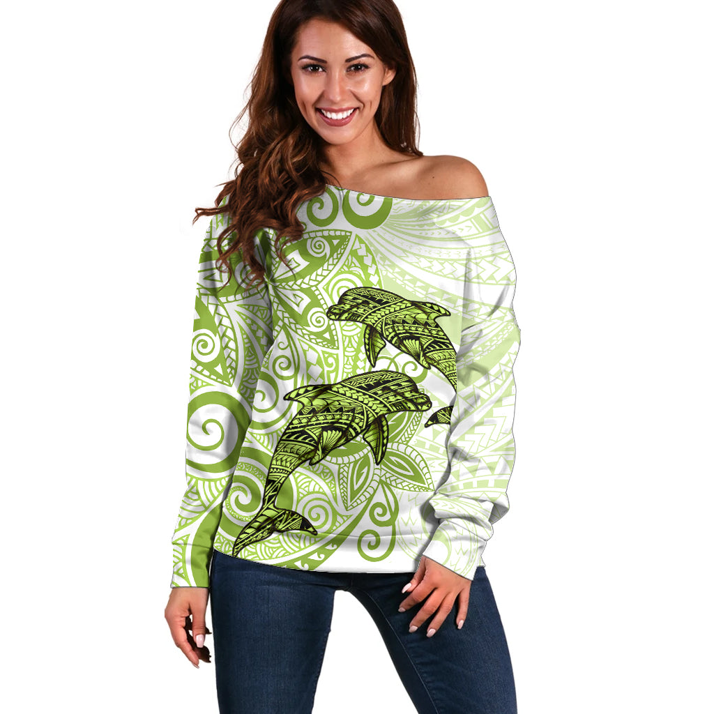 Polynesia Dolphins Off Shoulder Sweater Valentine Day Floral Polynesian - Vintage Lime Green LT14 Women Lime Green - Polynesian Pride