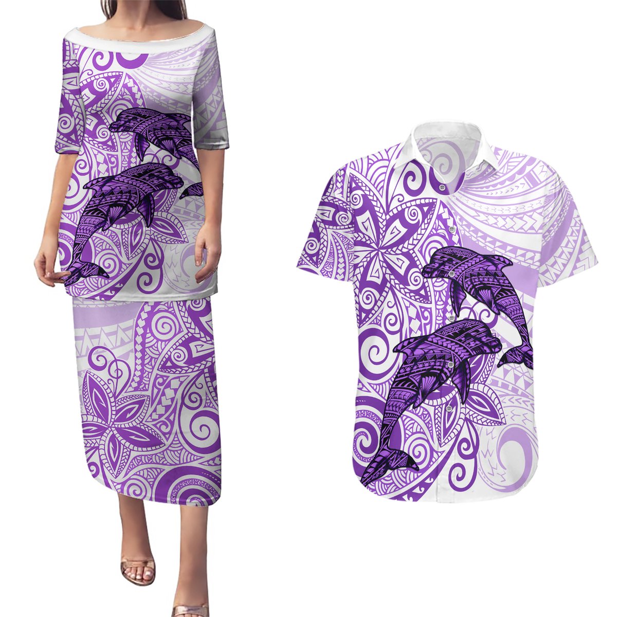 Polynesia Dolphins Couples Matching Puletasi and Hawaiian Shirt Valentine Day Floral Polynesian - Vintage Purple LT14 Purple - Polynesian Pride
