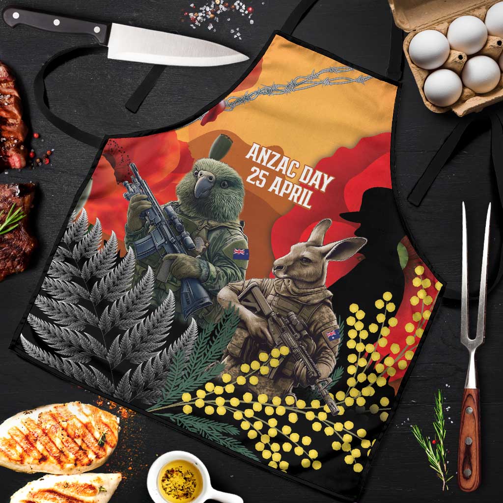 New Zealand and Australia ANZAC Day Apron Sliver Fern Kakapo With Golden Wattle Kangaroo - Polynesian Pride