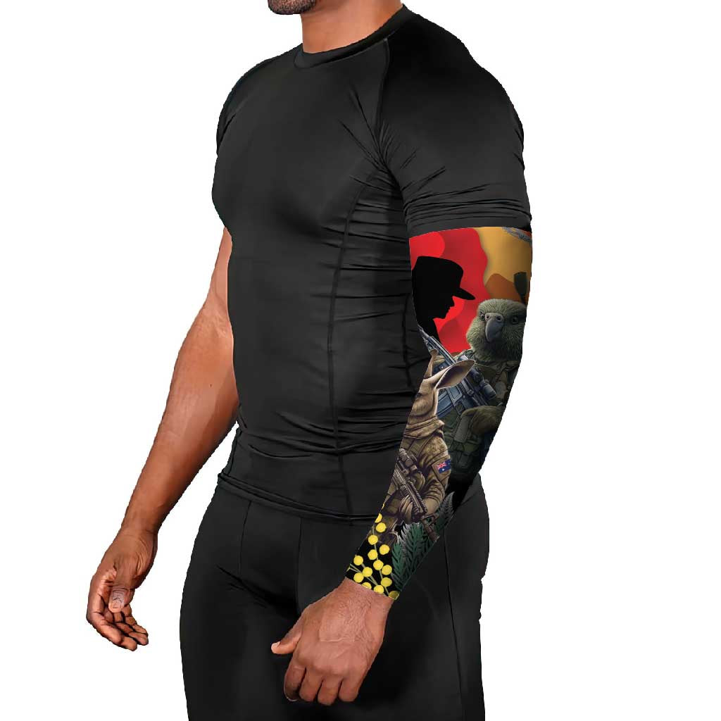 New Zealand and Australia ANZAC Day Arm Sleeves Sliver Fern Kakapo With Golden Wattle Kangaroo - Polynesian Pride