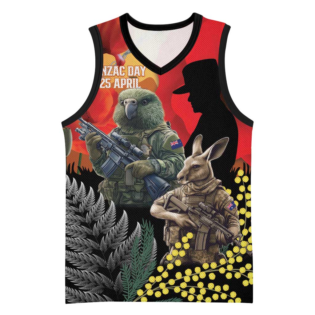 New Zealand and Australia ANZAC Day Basketball Jersey Sliver Fern Kakapo With Golden Wattle Kangaroo - Polynesian Pride