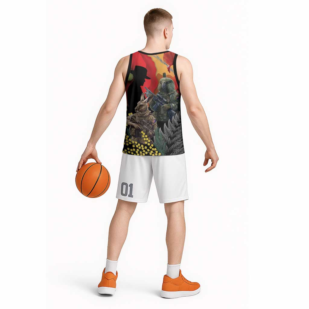 New Zealand and Australia ANZAC Day Basketball Jersey Sliver Fern Kakapo With Golden Wattle Kangaroo - Polynesian Pride