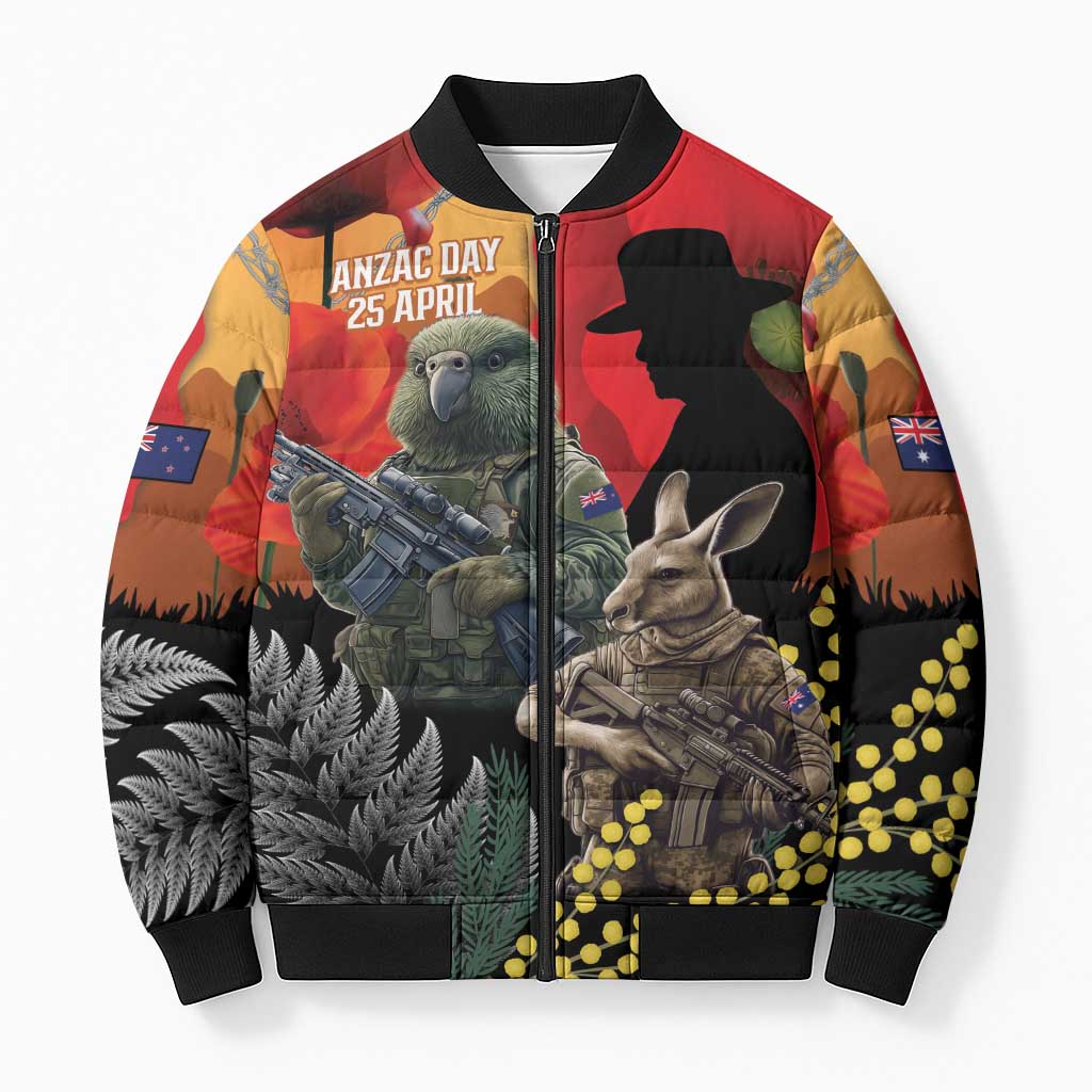 New Zealand and Australia ANZAC Day Bomber Puffer Jacket Sliver Fern Kakapo With Golden Wattle Kangaroo - Polynesian Pride
