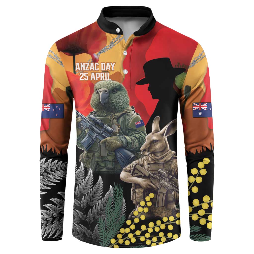 New Zealand and Australia ANZAC Day Button Sweatshirt Sliver Fern Kakapo With Golden Wattle Kangaroo