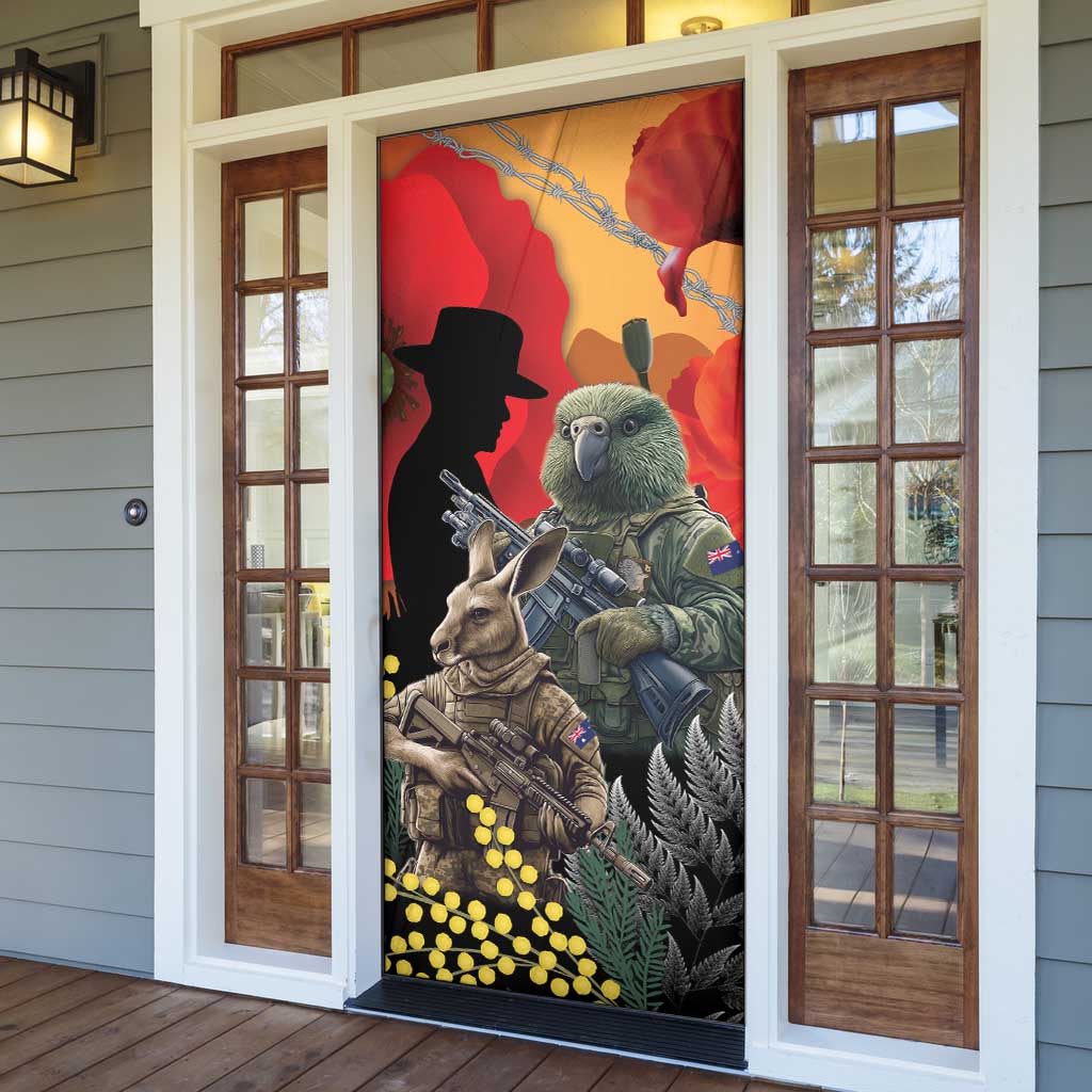 New Zealand and Australia ANZAC Day Door Cover Sliver Fern Kakapo With Golden Wattle Kangaroo - Polynesian Pride