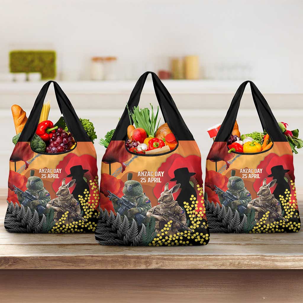 New Zealand and Australia ANZAC Day Grocery Bag Sliver Fern Kakapo With Golden Wattle Kangaroo